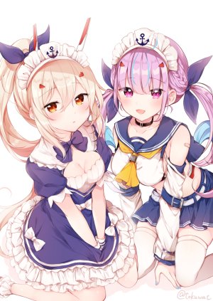 綾波,湊あくあ,碧蓝航线,Hololive,fukunoki_tokuwa,创可贴,前发,露肩,青发,脸红,三股辫,露胸,项圈,cleavage,Cosplay,连衣裙,发饰,长发,横乳,開いた口,马尾辫,紫色眼,紫发,红色眼,缎带,学校制服,水手服,衬衫,