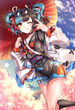 Fate/GrandOrder,Fate系列,黑发,黑丝,青发,脸红,棕色眼,holding,kneehighs,长袖,one_eye_closed,花瓣,学校制服,水手服,衬衫,短裙,笑顔,single,双马尾,雨伞