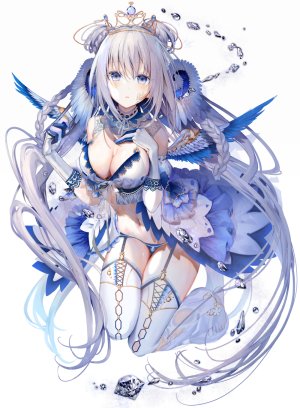原创,kouyafu,露肩,水着,碧眼,三股辫,露胸,cleavage,双团子头,羽毛,全身,手套,巨乳,长发,视线正对,露脐,银发,短裙,single,泳装,黑丝,头饰,双马尾,白背景,白丝,翅膀