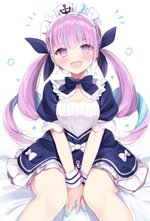 湊あくあ,Hololive,ささはら若葉,呆毛,青发,脸红,露胸,cleavage,连衣裙,长发,视线正对,横乳,開いた口,粉发,紫色眼,缎带,坐姿,笑顔,single,双马尾,Vtuber,白背景