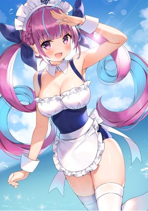 湊あくあ,Hololive,ayamy,呆毛,围裙,露肩,露胸,cleavage,巨乳,长发,视线正对,紫色眼,紫发,天空,single,泳装,黑丝,双马尾,Vtuber,白丝