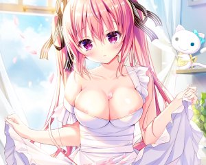 師走ほりお,原创,脸红,露胸,cleavage,长发,No-Bra,花瓣,粉发,紫色眼,天空,双马尾,婚纱,close