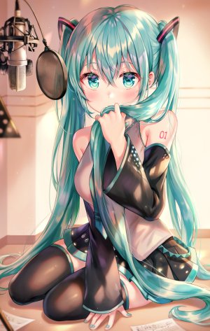 初音ミク,VOCALOID,tokkyu,露肩,黑丝,脸红,全身,发饰,holding,长发,视线正对,迷你短裙,衬衫,坐姿,短裙,single,tattoo,双马尾,絶対領域