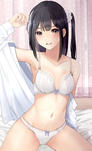 原创,iwanishi,前发,黑发,脸红,bra,露胸,棕色眼,cleavage,发饰,长袖,视线正对,横乳,露脐,開いた口,胖次,衬衫,坐姿,笑顔,single,下着
