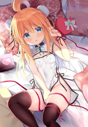 原创,九条だんぼ,呆毛,前发,碧眼,脸红,露胸,茶发,汉服,双团子头,连衣裙,长发,横臥,尖耳,缎带,貧乳,single,黑丝