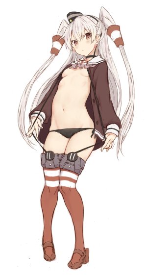 艦隊これくしょん,goekawa,脸红,露胸,棕色眼,连衣裙,全身,长发,露脐,胖次,银发,貧乳,single,黑丝,下着,白背景