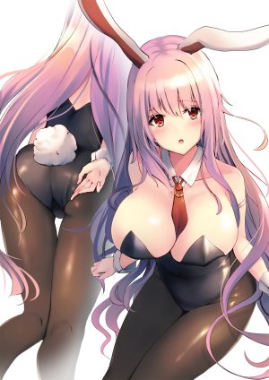 铃仙·优昙华院·因幡,东方Project,liya,兽耳,露肩,露胸,兔耳,cleavage,巨乳,黑丝,粉发,红色眼,single,白背景