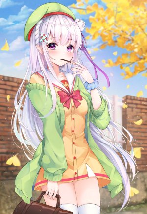 从零开始的异世界生活,Emilia,lebring,长发,single,長身像,脸红,视线正对,紫色眼,holding,天空,银发,风