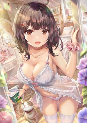 原创,とりのあくあ,动物,露肩,黑发,露胸,棕色眼,cleavage,发饰,holding,巨乳,lingerie,长发,视线正对,露脐,開いた口,胖次,笑顔,single,黑丝,下着,白丝