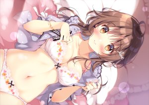 pan,原创,脸红,bra,露胸,棕色眼,茶发,cleavage,长发,露脐,胖次,下着,脱衣