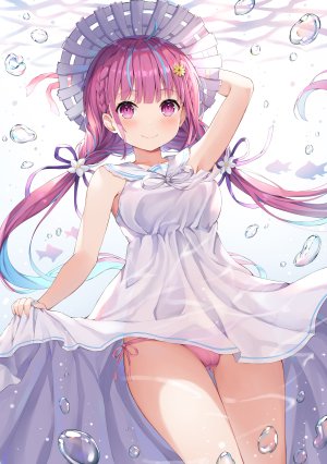 湊あくあ,Hololive,埃策尔,呆毛,露肩,三股辫,露胸,泡泡,连衣裙,长发,视线正对,横乳,胖次,紫色眼,紫发,缎带,笑顔,single,双马尾,下着,Vtuber