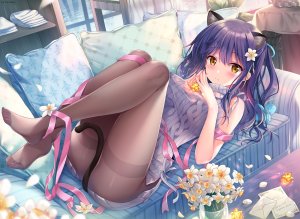 原创,七海優乃,Sousouman,长发,single,脸红,视线正对,露胸,前发,黄色眼,紫发,兽耳,横臥,全身