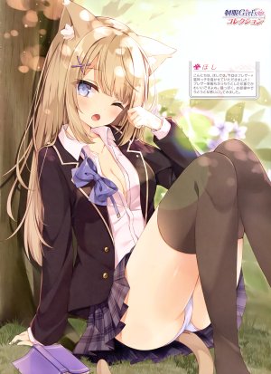 原创,otona_no_moeoh,hoshi,兽耳,前发,碧眼,直刘海,脸红,露胸,茶发,猫耳,猫娘,猫尾,cleavage,发饰,leaf,长发,长袖,视线正对,迷你短裙,No-Bra,one_eye_closed,開いた口,胖次,学校制服,坐姿,短裙,貧乳,single,黑丝,下