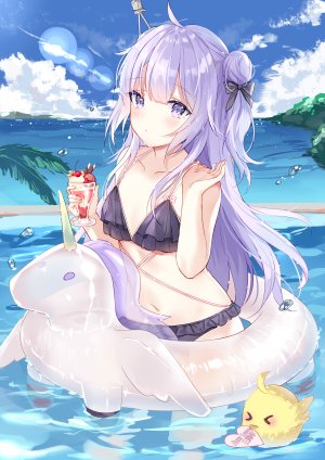 碧蓝航线,manjuu,Unicorn,Hum,长发,single,長身像,脸红,视线正对,前发,露胸,紫色眼,holding,紫发,天空