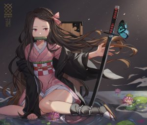 灶门祢豆子,鬼灭之刃,前发,黑发,茶发,蝴蝶,和服,武士刀,长发,长袖,オビ,缎带,single,剑