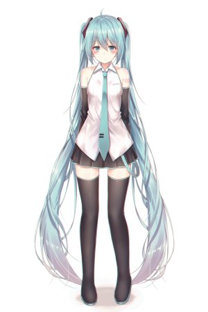 初音ミク,VOCALOID,been0328,露肩,黑丝,碧眼,青发,脸红,全身,长发,视线正对,阴影,衬衫,短裙,single,双马尾,白背景