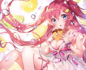 原创,碧眼,脸红,露胸,泡泡,项圈,cleavage,长发,缎带,双马尾,cropped
