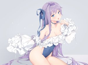 meltryllis,fate,sarang_s2,前发,露肩,碧眼,露胸,项圈,cleavage,Fate/Grand_Order,Fate系列,长发,长袖,视线正对,横乳,紫发,笑顔,single,泳装