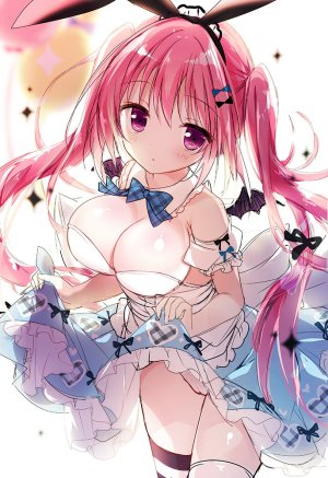 原创,白もち桜,露肩,脸红,露胸,cleavage,连衣裙,长发,视线正对,横乳,粉发,single,闪亮,黑丝,双马尾