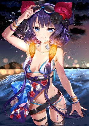 葛飾北斎,Fate/GrandOrder,Fate系列,村上裕一,前发,露肩,水着,碧眼,胸部,cleavage,发饰,长发,视线正对,横乳,露脐,オビ,紫发,泳装