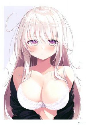 望月美月,SachiiroHanamizuki,ささはら若葉,呆毛,露肩,脸红,bra,露胸,cleavage,巨乳,长发,视线正对,紫色眼,银发,single,下着