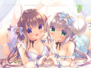 原创,ゆき恵,兽耳,乳晕,露肩,脸红,露胸,棕色眼,茶发,兔耳,cleavage,犬娘,连衣裙,绿色眼,长发,横臥,横乳,開いた口,胖次,貧乳,笑顔,黑丝,下着,白丝
