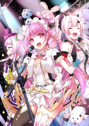 湊あくあ,紫咲シオン,百鬼菖蒲,ウパー,game_freak,Hololive,任天堂,精灵宝可梦,呆毛,露肩,露胸,cleavage,双团子头,手套,holding,偶像,巨乳,长发,横乳,迷你短裙,開いた口,粉发,马尾辫,缎带,银发,短裙,笑顔,