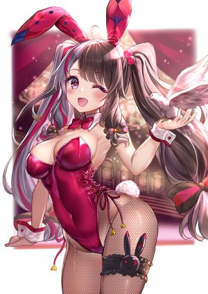 夜见蕾娜,Nijisanji,兽耳,露胸,茶发,兔耳,发饰,one_eye_closed,開いた口,黑丝,笑顔,双马尾,Vtuber