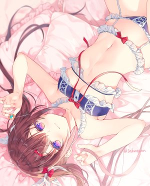 原创,みわべさくら,露肩,bra,露胸,茶发,吊带袜,holding,lingerie,长发,视线正对,横臥,横乳,露脐,胖次,紫色眼,笑顔,single,双马尾,下着