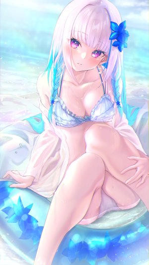 lize_helesta,Nijisanji,kisaragi_chiyuki,前发,露肩,水着,青发,直刘海,脸红,三股辫,露胸,cleavage,发饰,长发,视线正对,紫色眼,坐姿,笑顔,single,泳装,Vtuber,湿身