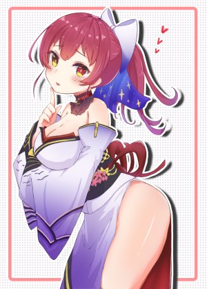 宝鐘マリン,Hololive,露肩,脸红,breast_hold,露胸,cleavage,和服,长袖,视线正对,横乳,nopan,オビ,马尾辫,红色眼,single,Vtuber,黄色眼