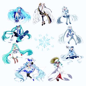 初音ミク,雪ミク,VOCALOID,mizuamemochimochi,呆毛,露肩,铃,灯笼裤,碧眼,樱桃,连衣裙,全身,手套,发饰,holding,乐器,和服,leaf,长发,视线正对,迷你短裙,one_eye_closed,開いた口,黑丝,缎带,衬衫,坐姿,短裙,笑顔,