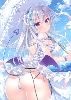 原创,こみやひとま,呆毛,前发,露肩,脸红,露胸,锁链,连衣裙,吊带袜,holding,长发,视线正对,回头看,横乳,胖次,花瓣,紫色眼,银发,天空,笑顔,single,黑丝,雨伞,下着,白丝,翅膀