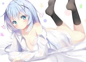 香風智乃,请问您今天要来点兔子吗?,夏奈なつ,乳晕,前发,黑丝,碧眼,青发,脸红,露胸,衬衫,发饰,长发,长袖,横臥,貧乳,笑顔,single