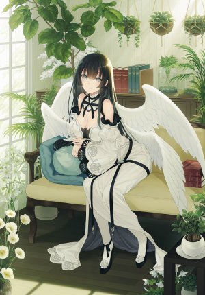 原创,八城惺架,长发,single,長身像,脸红,视线正对,前发,露胸,黑发,笑顔,露肩,坐姿,巨乳,cleavage,全身