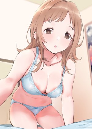 櫻木真乃,偶像大师,o.m,乳晕,前发,露肩,脸红,bra,露胸,棕色眼,cleavage,偶像大师:闪耀色彩,巨乳,lingerie,视线正对,露脐,開いた口,胖次,短发,single,下着
