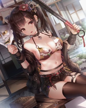 原创,blue_blood_moon,前发,露肩,黑发,黑丝,bra,露胸,棕色眼,茶发,cleavage,holding,视线正对,仮面,横乳,露脐,開いた口,胖次,坐姿,双马尾,下着,weapon