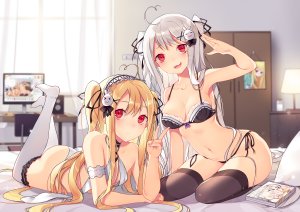 朱鹭咲澪,朱鹭咲浅羽,原创,逆流茶会,呆毛,前发,黑丝,金发,脸红,bra,露胸,项圈,发饰,长发,视线正对,横臥,横乳,露脐,開いた口,胖次,红色眼,缎带,银发,坐姿,貧乳,笑顔,topless,双马尾,下着,白丝