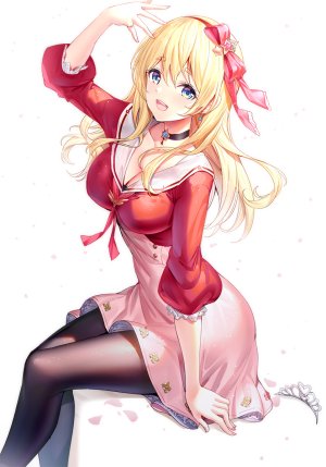 双葉リコ,原创,Ririko,前发,黑丝,金发,碧眼,露胸,项圈,cleavage,长发,长袖,视线正对,横乳,開いた口,衬衫,坐姿,短裙,笑顔,single,头饰,白背景
