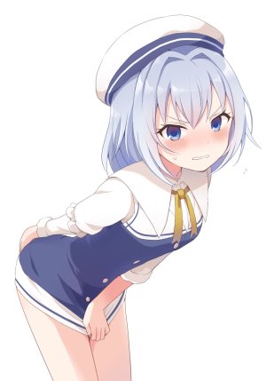 雏鹤爱,空银子,龙王的工作!,前发,青发,脸红,Cosplay,连衣裙,长袖,视线正对,缎带,衬衫,single,白背景