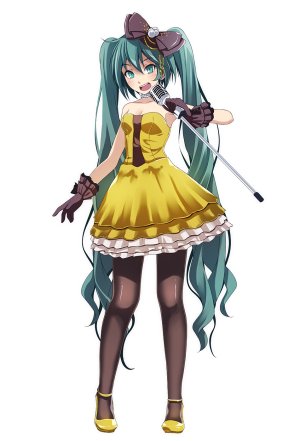 初音ミク,VOCALOID,tsukishiro_saika,前发,黑丝,碧眼,青发,露胸,项圈,cleavage,连衣裙,全身,手套,发饰,holding,长发,视线正对,横乳,開いた口,single,双马尾,白背景