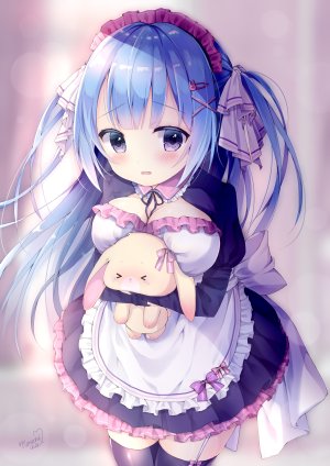 原创,桃稚ちあ,围裙,前发,青发,露胸,连衣裙,发饰,holding,长发,女仆,開いた口,紫色眼,single,黑丝