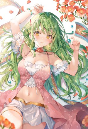 原创,momoko,露肩,露胸,cleavage,连衣裙,绿发,holding,巨乳,长发,视线正对,横臥,迷你短裙,露脐,短裙,single
