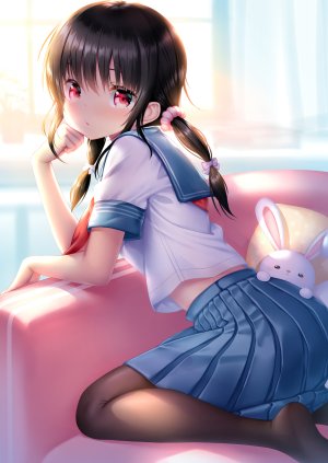 原创,前发,黑发,黑丝,发饰,视线正对,红色眼,缎带,学校制服,水手服,衬衫,短裙,single