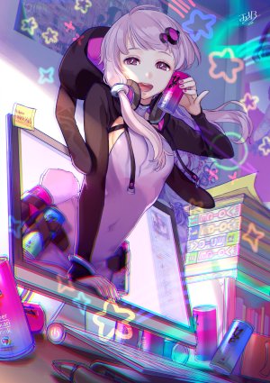 結月ゆかり,VOCALOID,cherico,前发,露胸,发饰,holding,长发,长袖,视线正对,横乳,開いた口,紫色眼,紫发,笑顔,single,VOICEROID