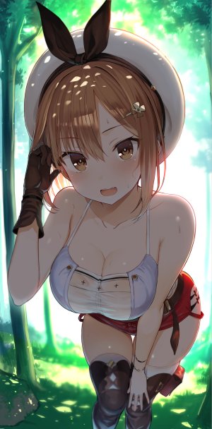 莱莎琳・斯托特,アトリエシリーズ,莱莎的炼金工房,ぐれーともす,露肩,露胸,棕色眼,茶发,cleavage,手套,发饰,巨乳,视线正对,開いた口,衬衫,短发,笑顔,single,黑丝