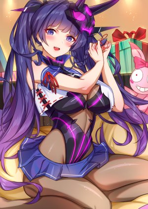 雷电芽衣,homu,honkai,乌橄榄菜,装甲,碧眼,脸红,三股辫,露胸,cleavage,崩坏3rd,巨乳,长发,视线正对,仮面,開いた口,马尾辫,紫发,缎带,坐姿,短裙,笑顔,single