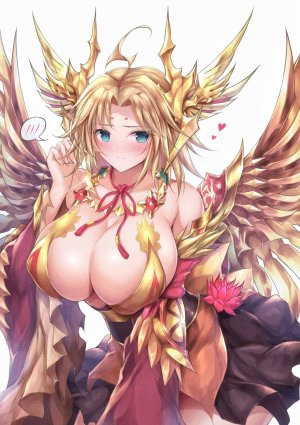 あるな,呆毛,露肩,脸红,露胸,cleavage,黄金,绿色眼,オビ,缎带,短发,single,翅膀
