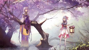 星尘,海伊,VOCALOID,呆毛,前发,裸足,露肩,黑丝,露胸,樱花,汉服,发饰,和服,kieed,ランターン,leaf,长发,长袖,オビ,紫色眼,紫发,缎带,坐姿,短裙,貧乳,笑顔,雨伞,黄色眼