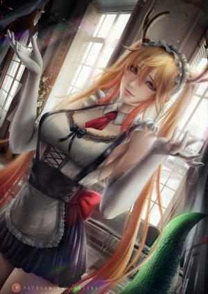 小林家的龙女仆,京都动画,tooru,axsen,长发,single,長身像,视线正对,前发,露胸,金发,双马尾,棕色眼,巨乳